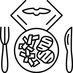 Dinner plate holding grilled meat and fries sits on table with napkin, ready to be eaten in restaurant, creating anticipation.