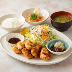 唐揚げと副菜が揃ったボリュームたっぷりの日本食の和定食