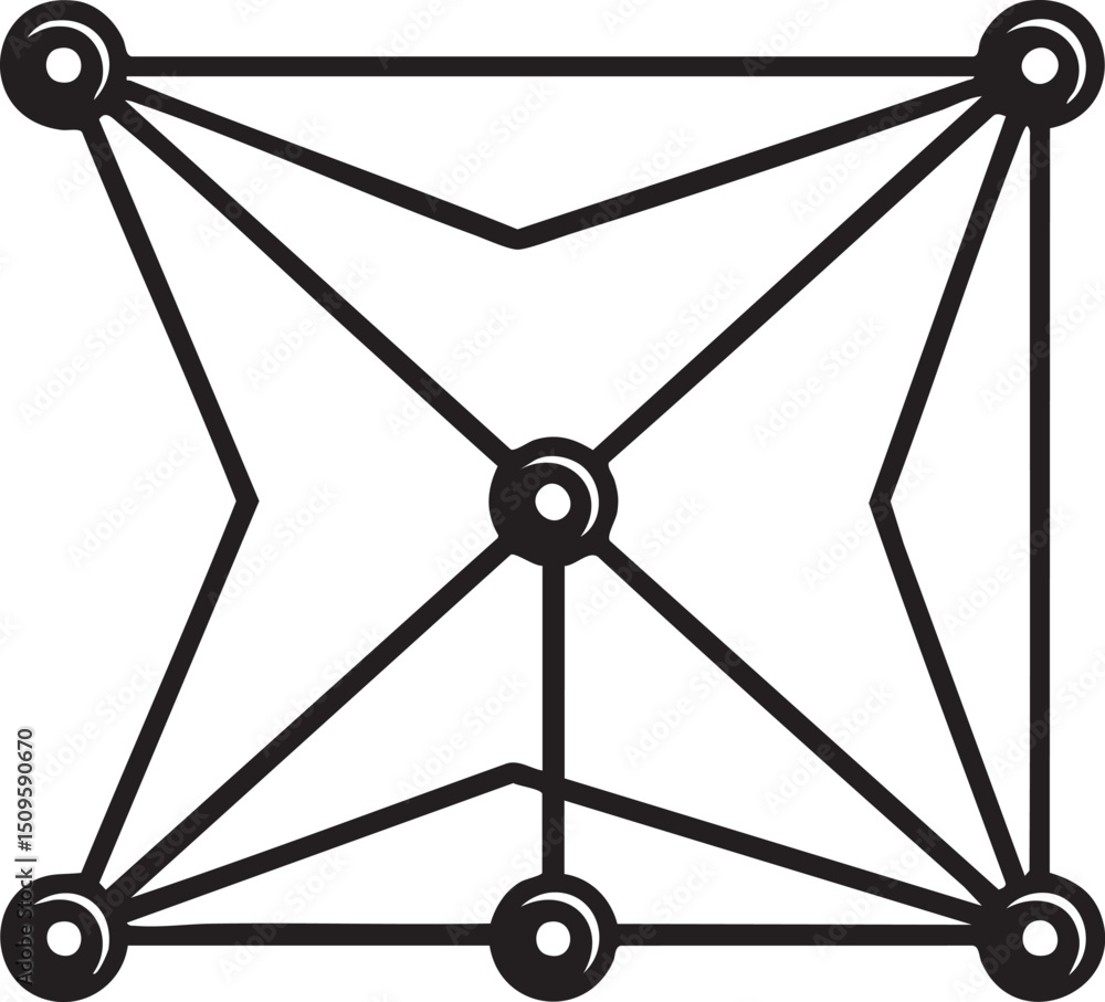 Poster white geometric displays a complex network of interconnected lines and circles.