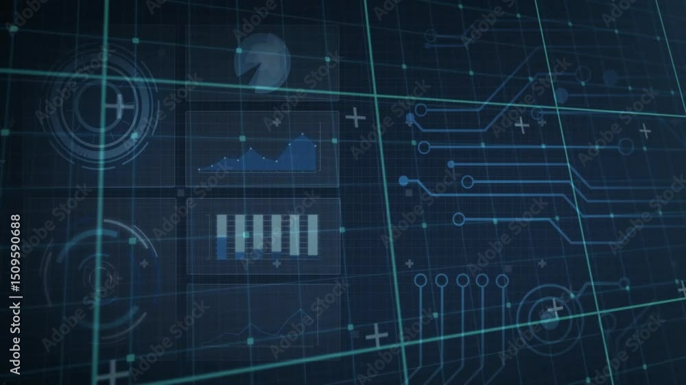 Poster dark grid and hud panels initiating sweep and diagonal line lighting nodes for data scanning