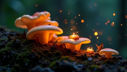 Fungi and insects glowing on tree trunks