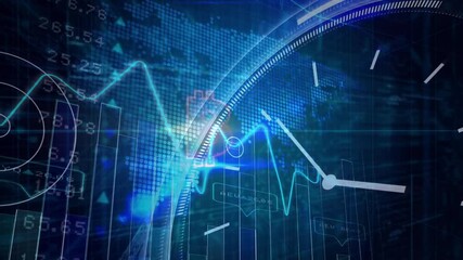 Upon dashboard loading, chart sweeping, clock arc moving, Bitcoin icon emerging, depicting data - Powered by Adobe