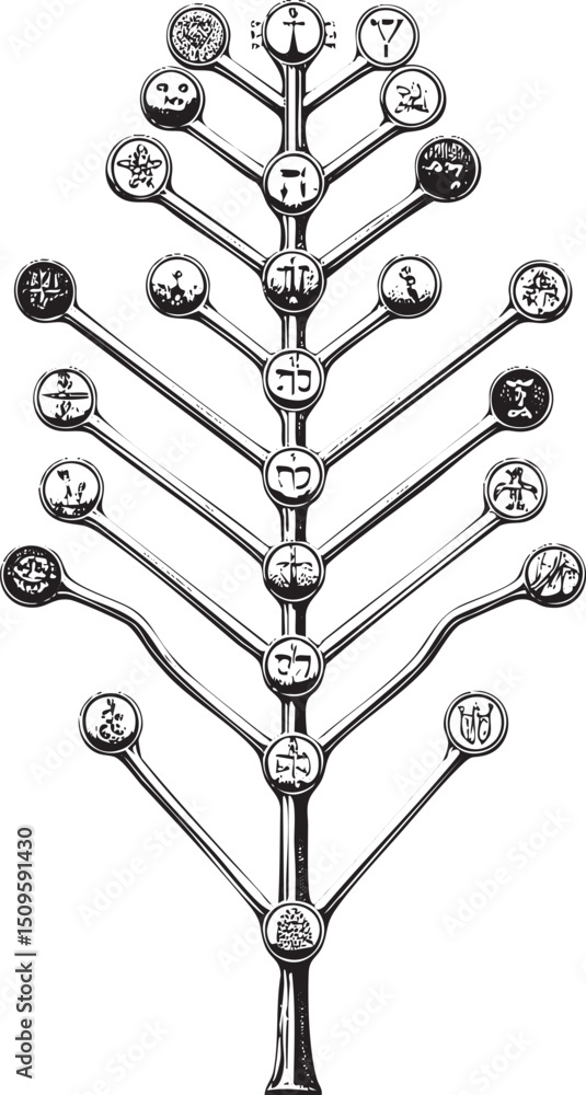 Poster detailed intricate tree diagram displays a complex network of circular symbols connected by delicate