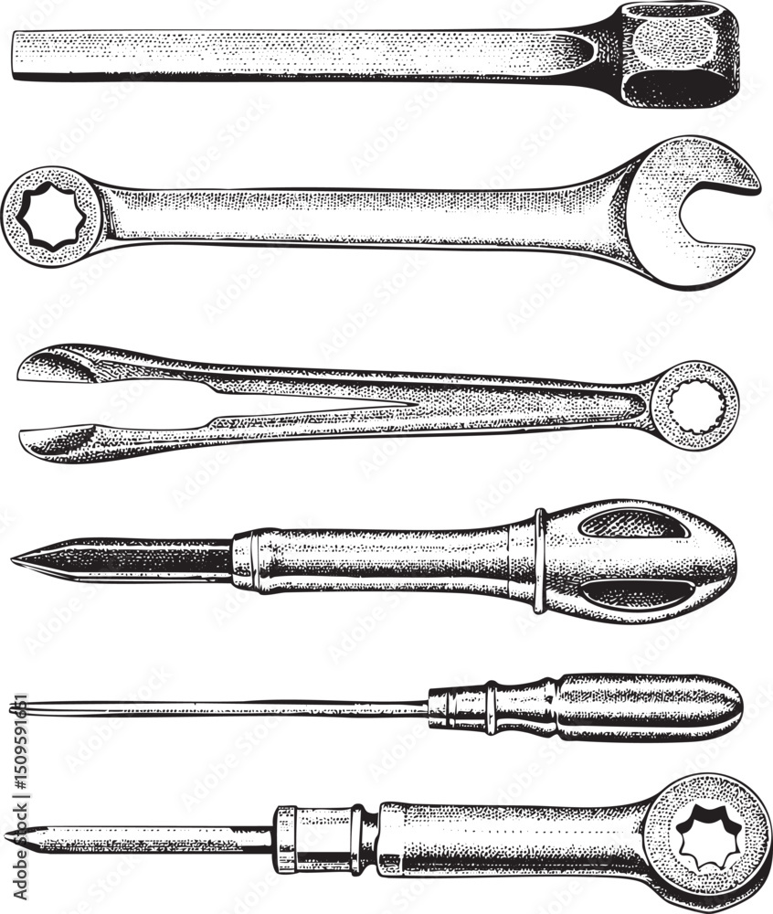 Poster collection of metallic hand tools is displayed in a linear arrangement.