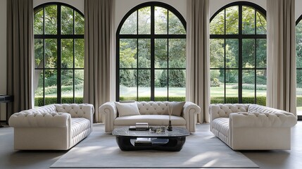 Fototapeta premium Light cream tufted armchairs and sofa set in a modern living room.