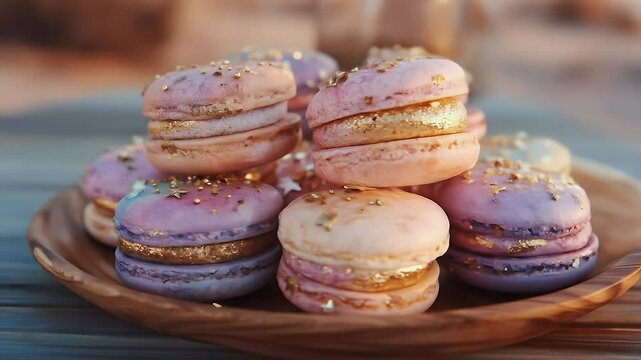 Pastel macarons with gold flakes and stars sweet dessert food photography