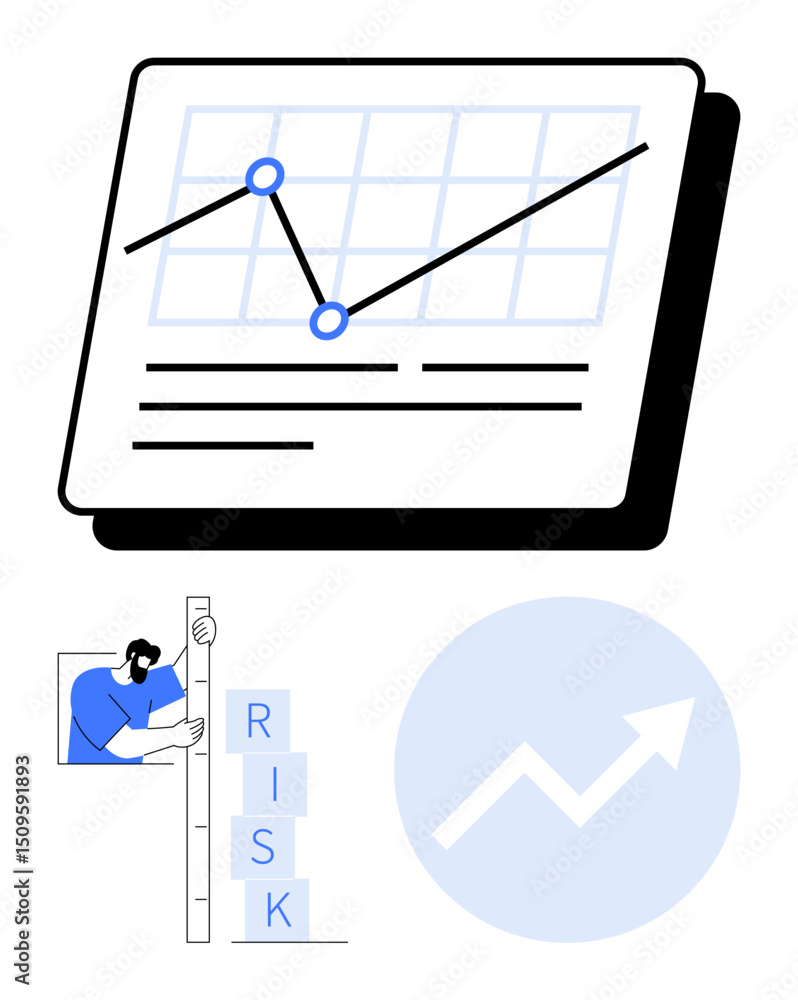 Poster line graph with indicators, person measuring stacked risk blocks, upward arrow in blue circle. ideal