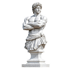 Powerful digital sculpture of a muscular man in Greek style with arms crossed, exuding confidence, strength, and classical beauty. transparent background PNG