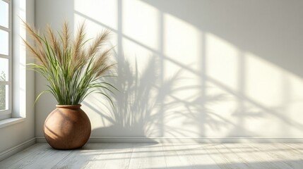 Sunlight streams into a room with a decorative plant.