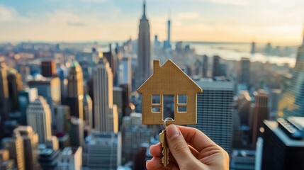 House keys held aloft against a cityscape.