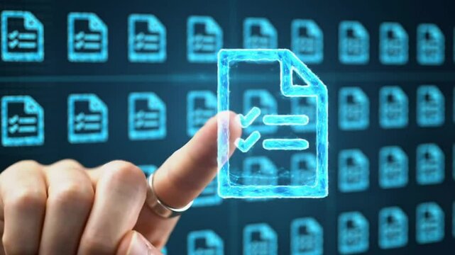 Finger Touching Glowing Digital Checklist Document Icon on Screen