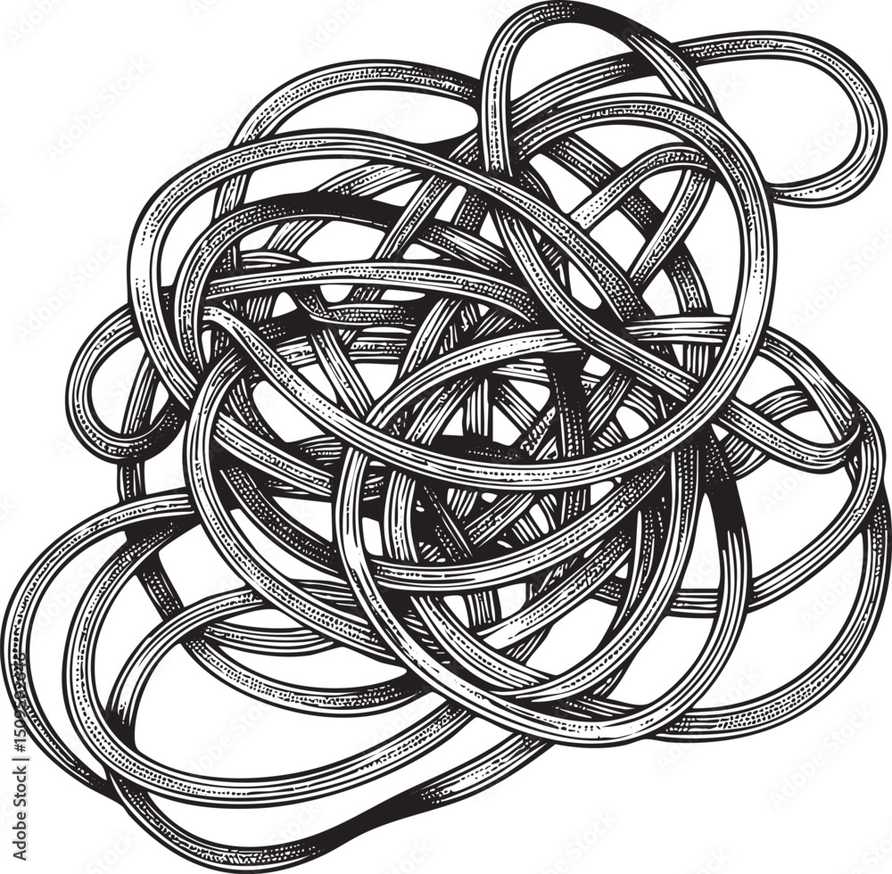 Poster complex interwoven tangle of black lines forms a dynamic circular .