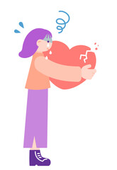 ヒビの入ったハートを抱きしめて涙を流す女性のイラスト｜心の傷と感情表現・失恋・癒し