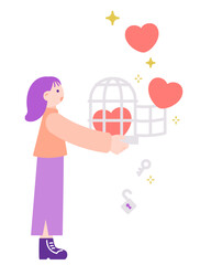 ハートを解き放つ女性のイラスト　心の解放・自由のメタファー