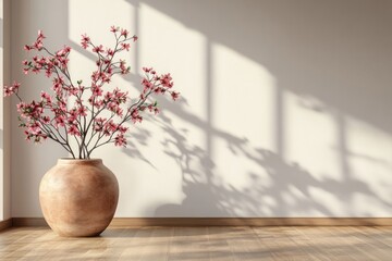 Fototapeta premium Pink blossoms in a terracotta vase, casting shadows on a light beige wall.