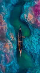 Blue and pink of a boat in a rainbow lake painting illustration poster background
