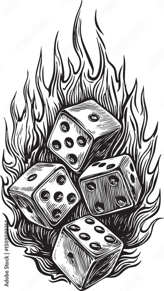 Poster Three dice are engulfed in dynamic flames.