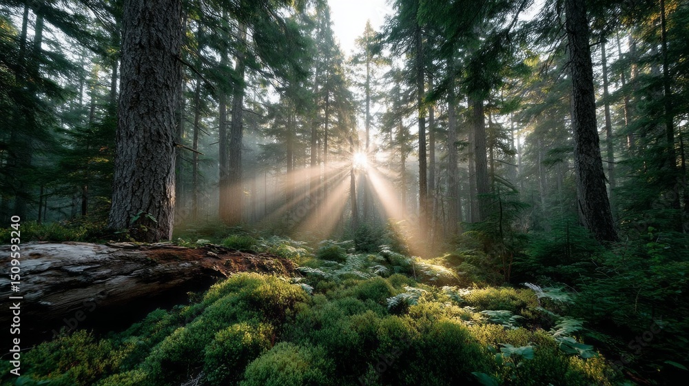 Poster Sunlight breaks through the branches of towering trees, creating beautiful rays that illuminate a peaceful forest floor. Lush ferns and moss thrive in the gentle morning light