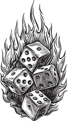 Three dice are engulfed in dynamic flames.