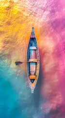 Blue and pink of a boat in a rainbow lake painting illustration poster background