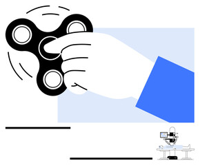 Hand holding and spinning black fidget spinner, dynamic motion lines. Includes small surgical microscope. Ideal for focus, stress relief, play, mechanics, minimalism, therapy simple landing page