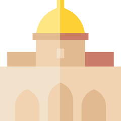 Simple building stands with golden dome against a white space, showcasing architectural minimalism and geometric shapes in a modern style.