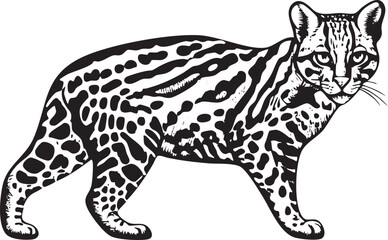 solitary ocelot stands alert in a shadowy setting.
