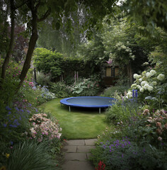 Fototapeta premium Blue trampoline sits nestled within lush garden, inviting joyful play amid colorful blooms, surrounded by trees and greenery, evoking happy childhood memories