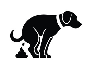 Black silhouette illustration of a dog pooping and dropping waste on a white background