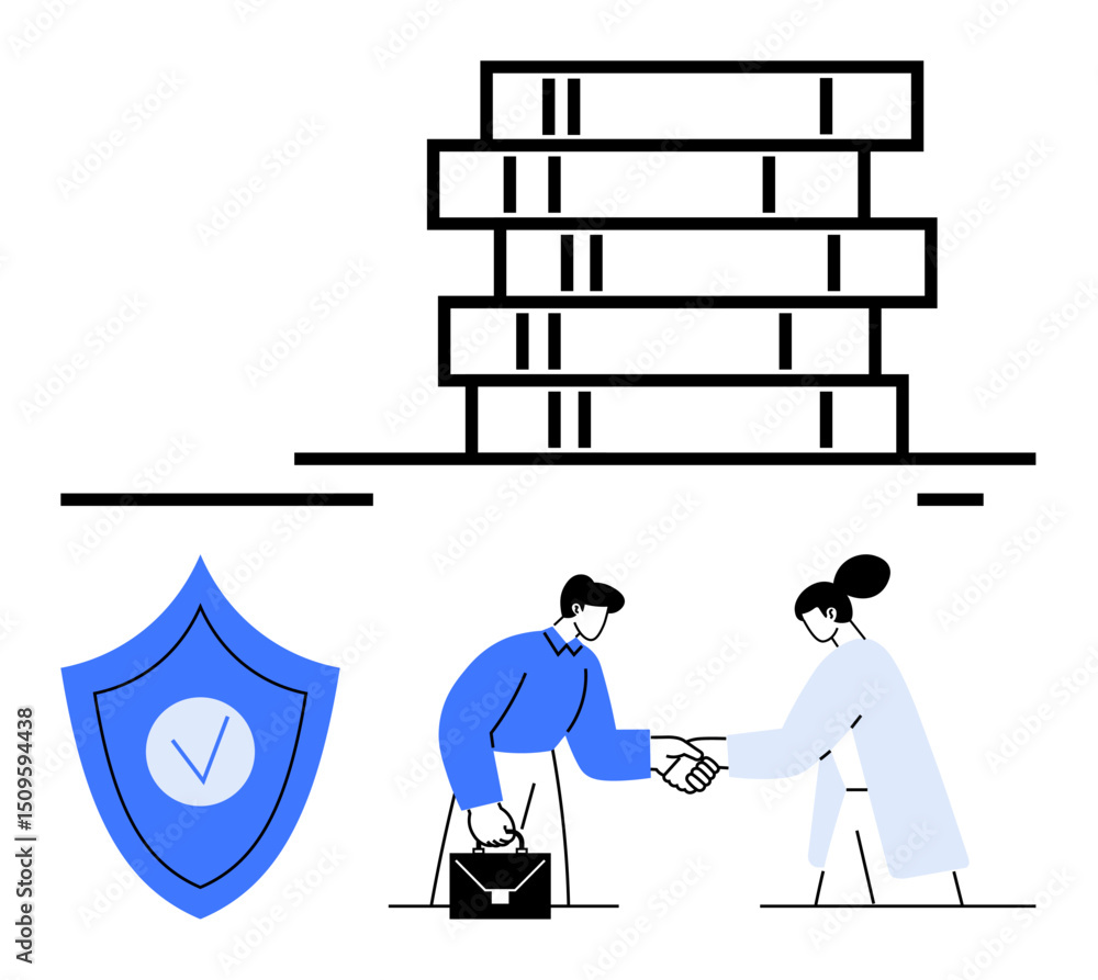 Poster stack of servers representing data, shield with checkmark indicating security, business professional
