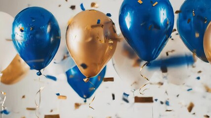 Shiny blue and gold balloons float amidst falling gold confetti against a white background - Powered by Adobe