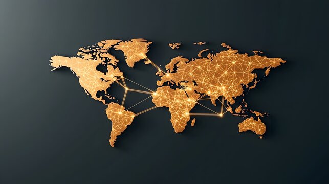 The image shows a gold, stylized world map with glowing lines connecting various points, representing global interconnectedness.
