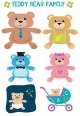 Teddy Bear Family flat art drawing concept collection. Editable Clip Art.