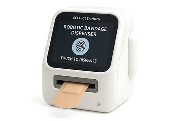 Fototapeta premium A fictional medical bandage dispenser that automatically cleans, prepares, and applies dressings with robotic precision. Touchscreen controls on the front. Isolated on white.
