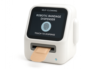 A fictional medical bandage dispenser that automatically cleans, prepares, and applies dressings with robotic precision. Touchscreen controls on the front. Isolated on white.