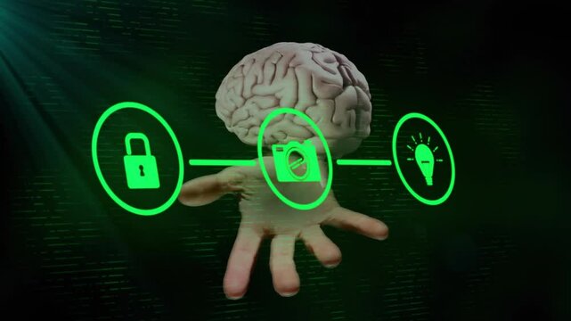 On neon pulse, hand rising toward floating brain with lock, camera, lightbulb icons animating ideas