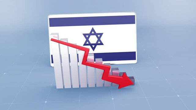 Israel Country Flag and Bar Chart Graph Showing Decreasing Values a Red Arrow Economic Crisis Concept