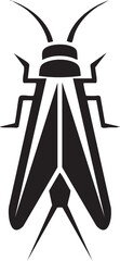 stylized black grasshopper silhouette stands against a white background.