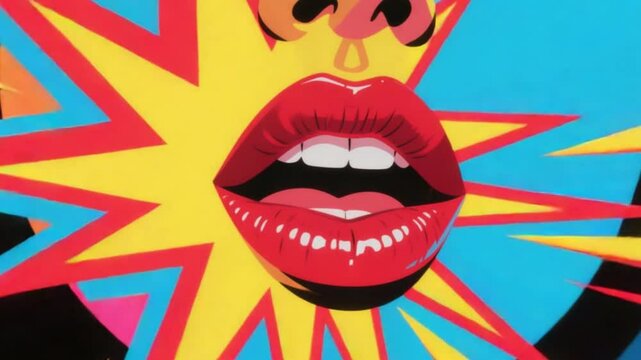 Pop art illustration of open mouth with red lips against a colorful graphic background Ai HD video.

