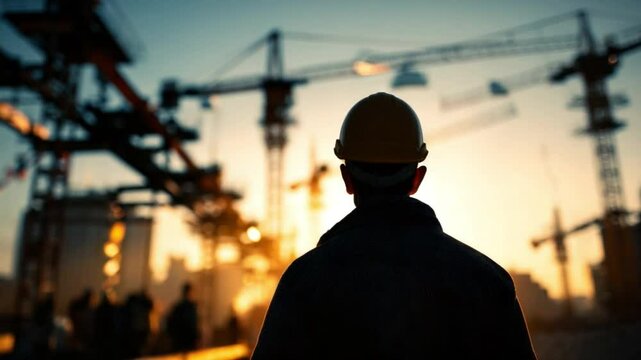 A Constructive Silhouette: A worker stands in silhouette against the backdrop of an active construction site at sunrise or sunset. He is a beacon of dedication, ready to shape the landscape.