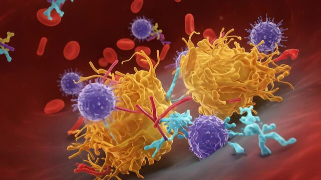 Immune system cells interacting in blood vessel scientific illustration