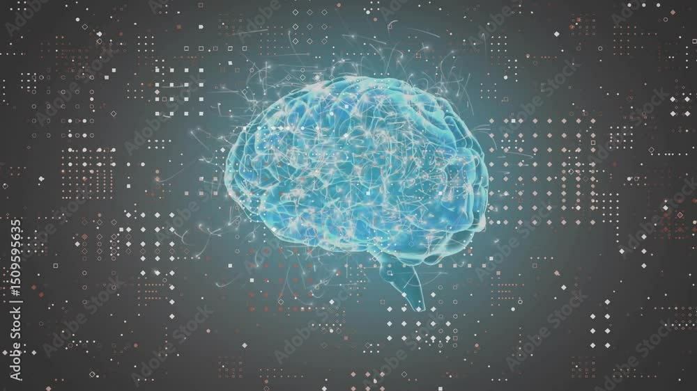 Poster neon-blue 3d brain materializing in field rotating pulsing glitch fading simulating neural activity