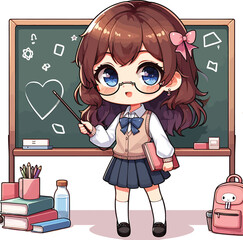 Cute Chibi Teacher Girl in Classroom Vector Illustration