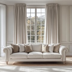 Light beige sofa with tan throw pillows in a classic room.