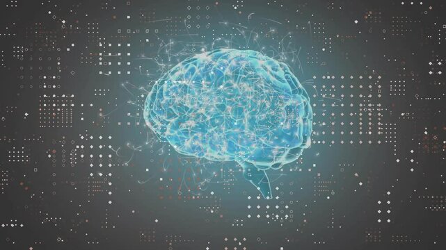 Neon-blue 3D brain materializing in field rotating pulsing glitch fading simulating neural activity