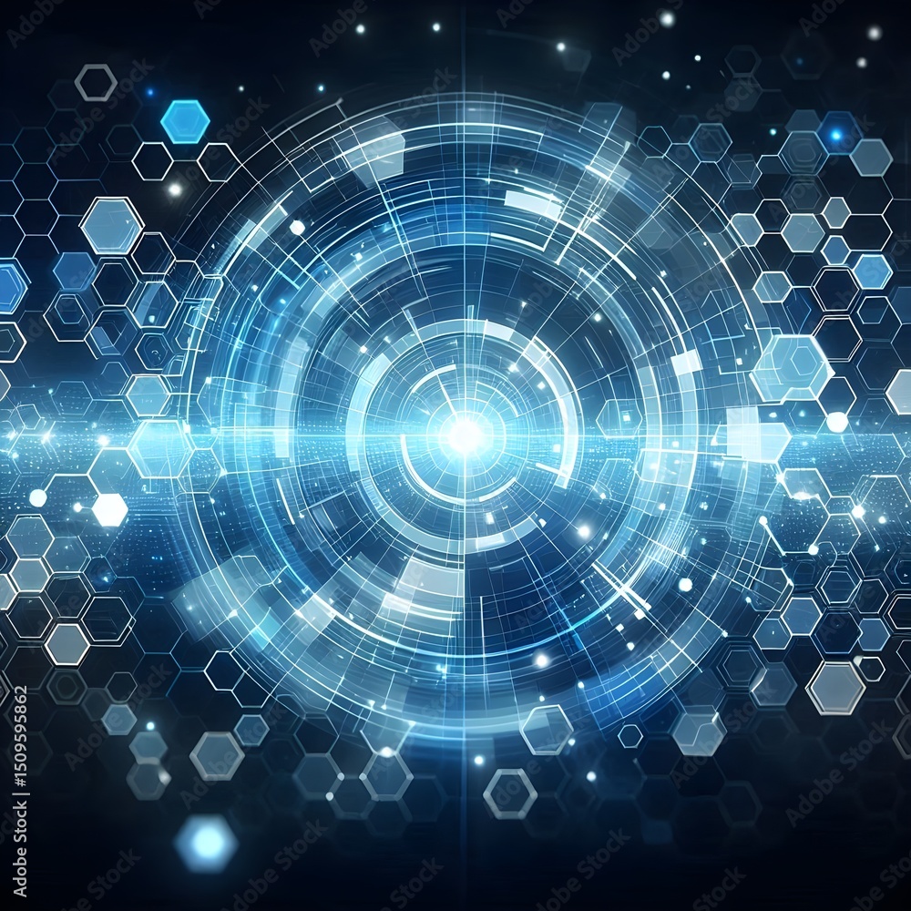 Aufkleber high-tech abstract hexagonal grid design with glowing edges in blue and white tones on a digital bac