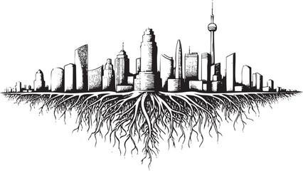Naklejka premium black and white cityscape rests upon a network of roots.