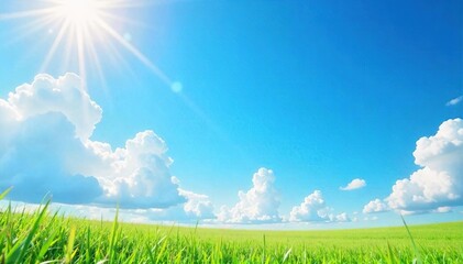 Obraz premium A vibrant sunny day, carefree clouds drift across a clear blue sky, sunbeams dappling the landscape Perfect for summer, vacation, and travel themes , outdoors, radiant, vibrant