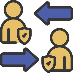 People exchanging information with shields representing data protection in a secure and modern digital environment, emphasizing trust and privacy.