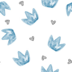 Watercolor bluw crown baby boy seamless pattern, little prince background with grey hearts